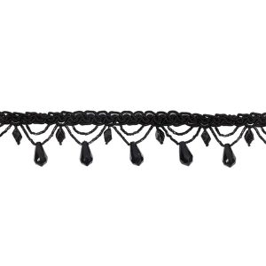 Beaded Fringe |  Vintage Black Teardrops And Glass Beaded Looped Fringe On Black Braid – 1.5" Beaded Fringe Beaded Fringe