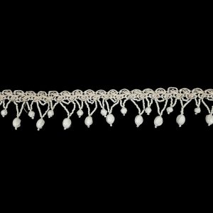 Beaded Fringe |  Vintage Chalk White Faceted Round And Chop Beaded Fringe On White Gimp Braid – 1.5" Beaded Fringe Beaded Fringe