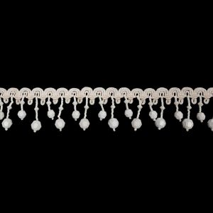 Beaded Fringe |  Vintage Chalk White Faceted Round Beaded Fringe On Ivory Gimp Braided Trim – 1.5" Beaded Fringe Beaded Fringe