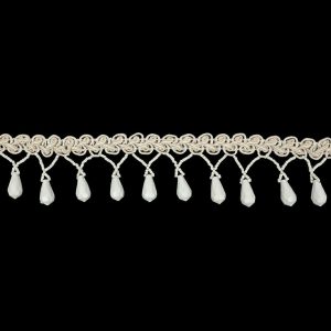 Beaded Fringe |  Vintage White Teardrop Beaded Fringe On Ivory Gimp Braid – 1.75" Beaded Fringe Beaded Fringe