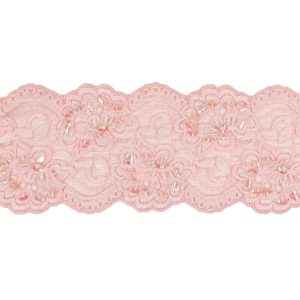 Beaded Lace Trim |  Pink Floral Beaded And Sequined Stretch Lace Trim With Finished Scalloped Edges – 3.5" Beaded Lace Trim Beaded Lace Trim