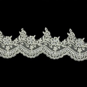 Bridal Lace Trim |  Off White And Metallic Silver Floral And Scalloped Edge Corded Bridal Lace Trim With Sequins And Faux Pearl Beads – 3.5" Beaded Lace Trim Beaded Lace Trim