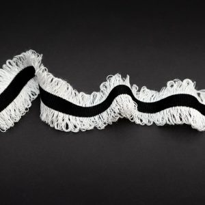 Brush Fringe |  Black And Light Gray Wool Grosgrain Trim With Loop Fringe Edges – 1.5" Brush Fringe Black,Light Gray