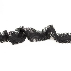 Brush Fringe |  Black Gray Wool Grosgrain Trim With Loop Fringe Edges – 1.5" Brush Fringe Black