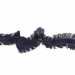 Brush Fringe |  Navy Wool Grosgrain Trim With Loop Fringe Edges – 1.5" Brush Fringe Brush Fringe