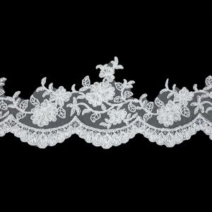 Corded Lace Trim |  White Floral Corded, Sequins And Beaded Bridal Lace Trim With Scalloped Edge – 4.5" Beaded Lace Trim Beaded Lace Trim