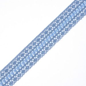 Crochet Lace Trim |  Light Blue Scalloped Crochet Trim With Ribbon Detail – 1.5" Crochet Lace Trim Blue