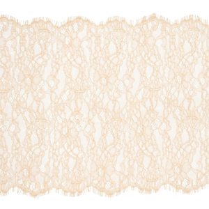 Fine Lace Trim |  Peach Floral Scalloped Re-Embroidered Lace With Eyelash Fringe – 12.75" Embroidered & Eyelet Trim Almond Buff