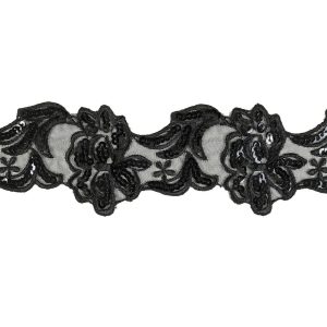 Floral Lace Trim |  Black Floral Sequined And Embroidered Mesh Trim – 3" Embroidered & Eyelet Trim Embroidered & Eyelet Trim