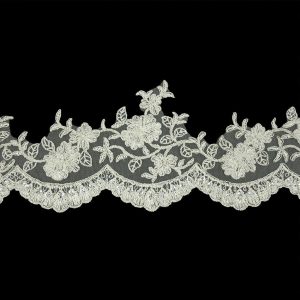 Metallic Lace Trim |  Off White And Striped Metallic Silver Floral Sequins And Beaded Bridal Lace Trim With Scalloped Edge – 4.5" Beaded Lace Trim Beaded Lace Trim