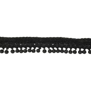 Pom Pom Fringe |  Vintage Black Braided Trim With Thread Covered Bead Pom Pom Fringe – 1.375" Fringe Trim Black