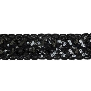 Sequin Lace Trim |  Black Sequined Zig Zags On Classical Lace Trim – 2.375" Lace Trim Gunpowder