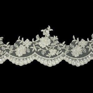 Sequin Lace Trim |  Off White And Metallic Silver Floral Sequins And Beaded Bridal Lace Trim With Scalloped Edge – 4.5" Beaded Lace Trim Beaded Lace Trim