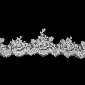 Sequin Lace Trim |  White And Metallic Silver Floral And Fringed Scallops Corded Bridal Lace Trim With Faux Pearl Beads – 3.5" Beaded Lace Trim Beaded Lace Trim