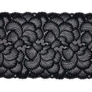 Stretch Lace Trim |  Black Fanning Leaves Stretch Lace Trim With Scalloped Edges – 9" Lace Trim Black