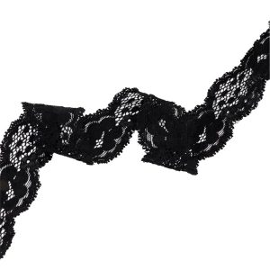 Stretch Lace Trim |  Black Floral And Scalloped Stretch Corded Lace Trim – 1.25" Corded Lace Trim Corded Lace Trim