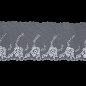 Embroidered & Eyelet Trim |  White And Metallic Silver Embroidered Mesh With A Scalloped Edge – 7" Embroidered & Eyelet Trim Embroidered & Eyelet Trim