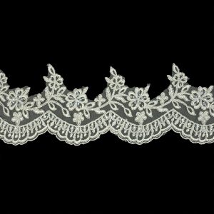 Beaded Lace Trim |  Off White And Striped Metallic Silver Floral And Scalloped Edge Corded Bridal Lace Trim With Sequins And Faux Pearl Beads – 3.5" Beaded Lace Trim Beaded Lace Trim