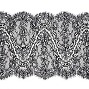 Floral Lace Trim |  Black Floral Scalloped Re-Embroidered Lace Trim With Eyelash Fringe – 11.25" Embroidered & Eyelet Trim Embroidered & Eyelet Trim